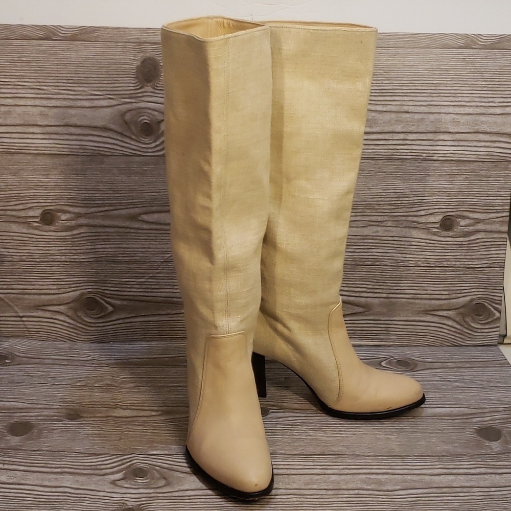 Reiss Beige Leather And Canvas High Heel Knee Length Women Boots Size 39(8)